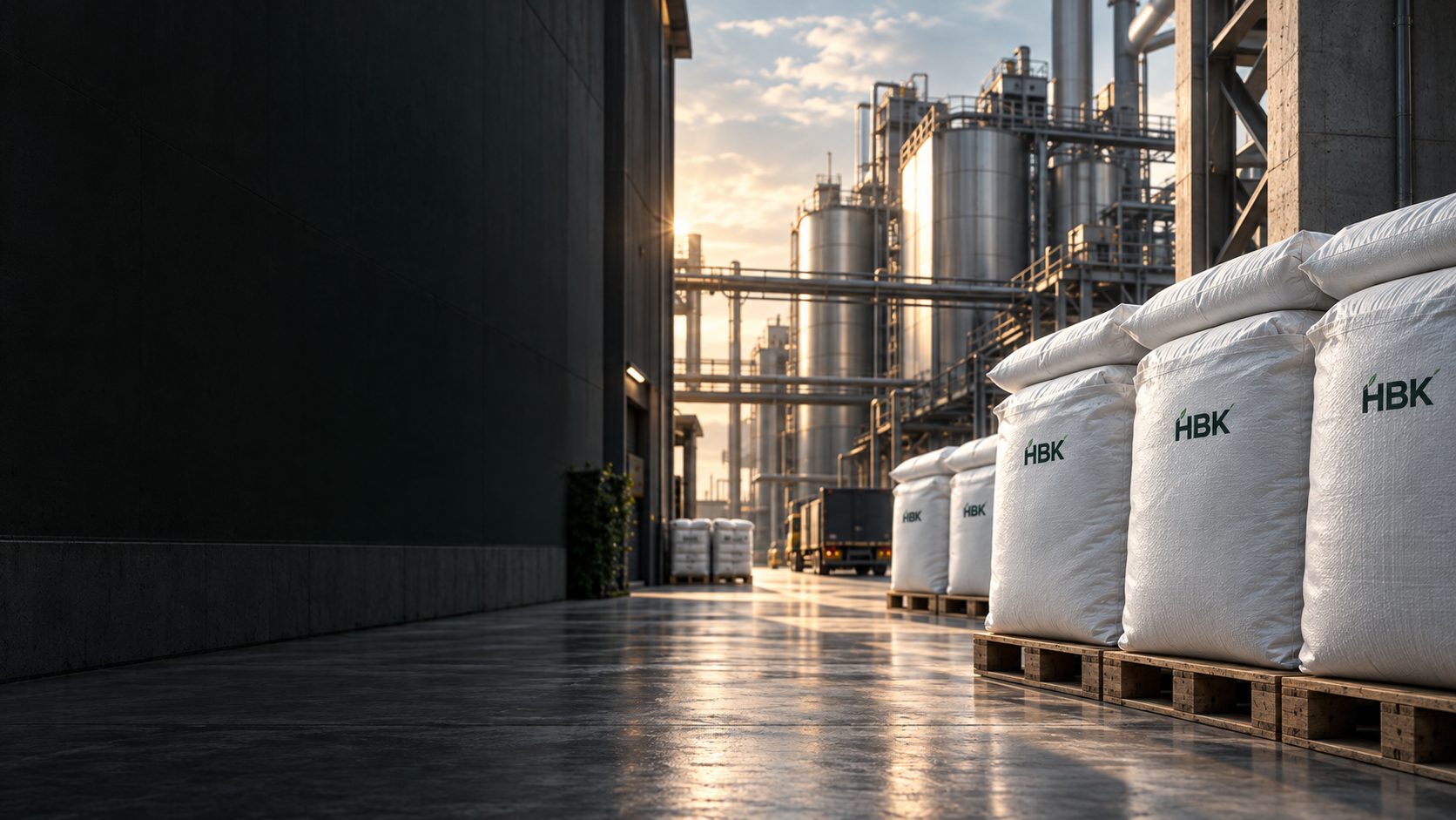 Concept illustration of mineral sacks on pallets in an industrial setting